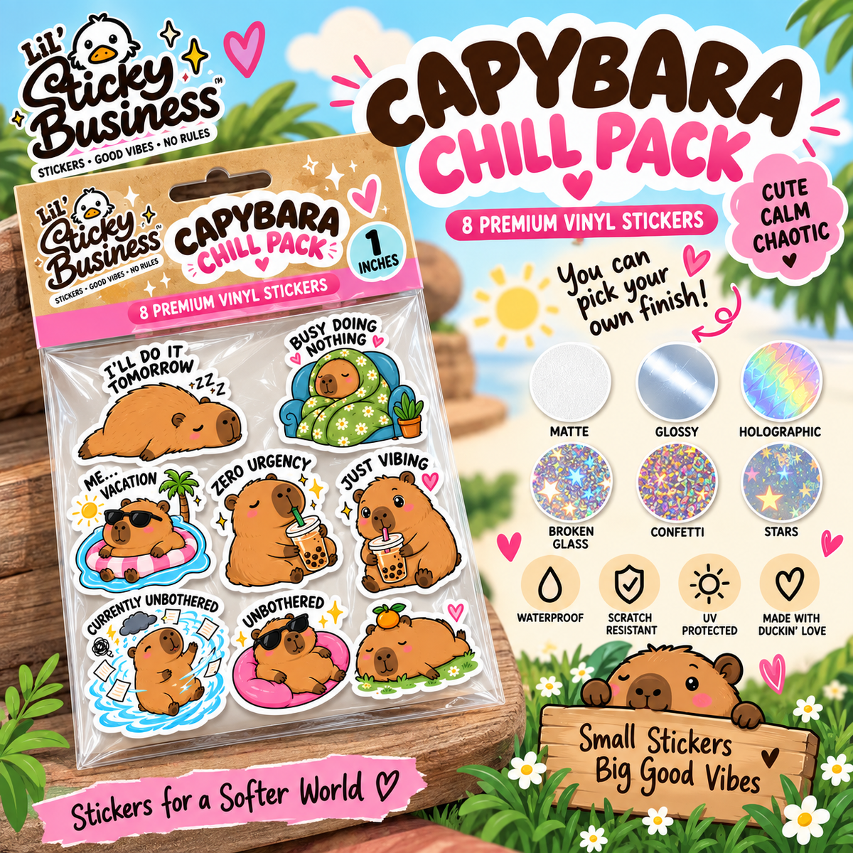 Mini Capybara Chill Pack – 8 Cute Funny Vinyl Stickers