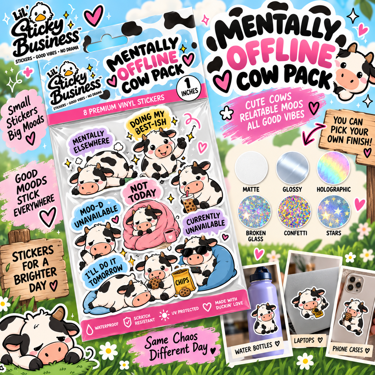 Mini Mentally Offline Cow Pack – 8 Cute Funny Cow Vinyl Stickers