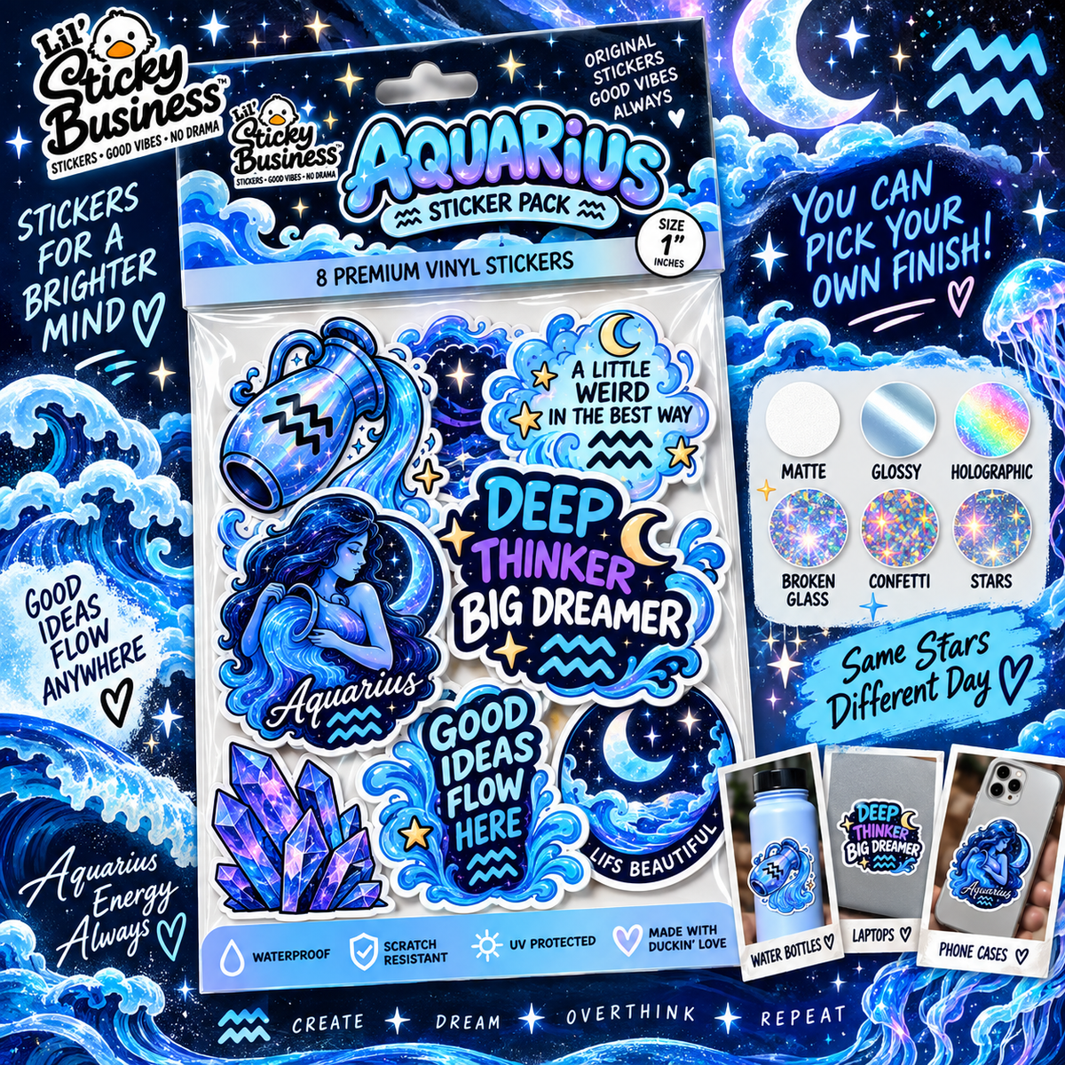 Aquarius Zodiac Sticker Pack – 8 Premium Vinyl Stickers