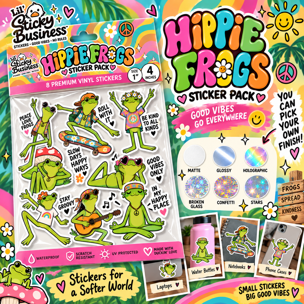 Hippie Frogs Sticker Pack – 8 Cute Groovy Frog Vinyl Stickers
