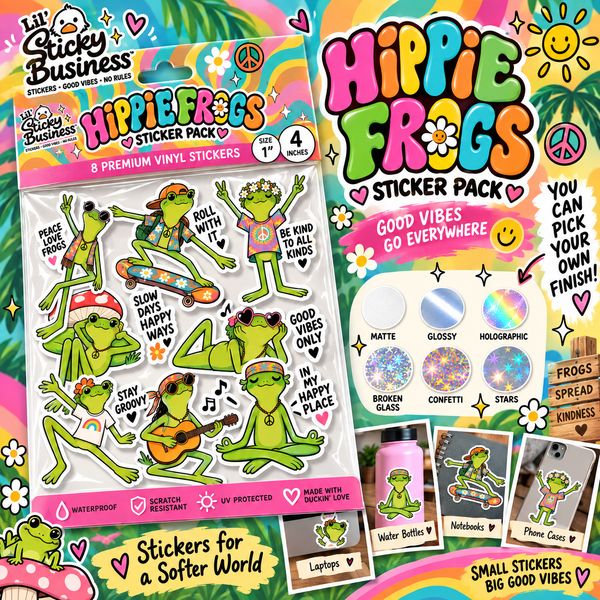 Hippie Frogs Sticker Pack – 8 Cute Groovy Frog Vinyl Stickers