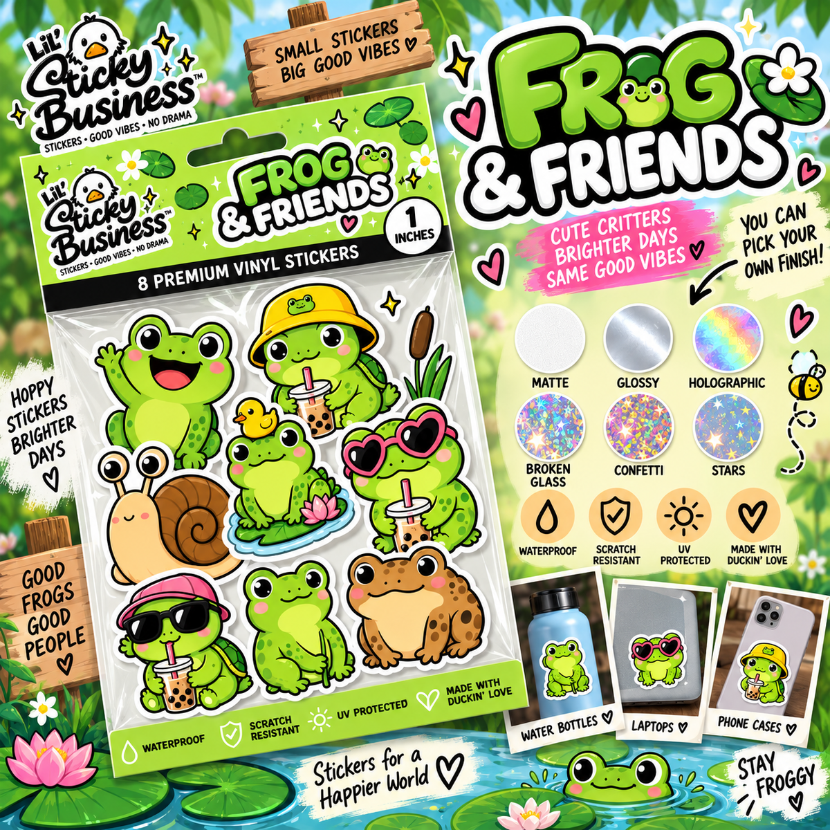 Mini Frog & Friends Pack – 8 Cute Frog & Animal Vinyl Stickers