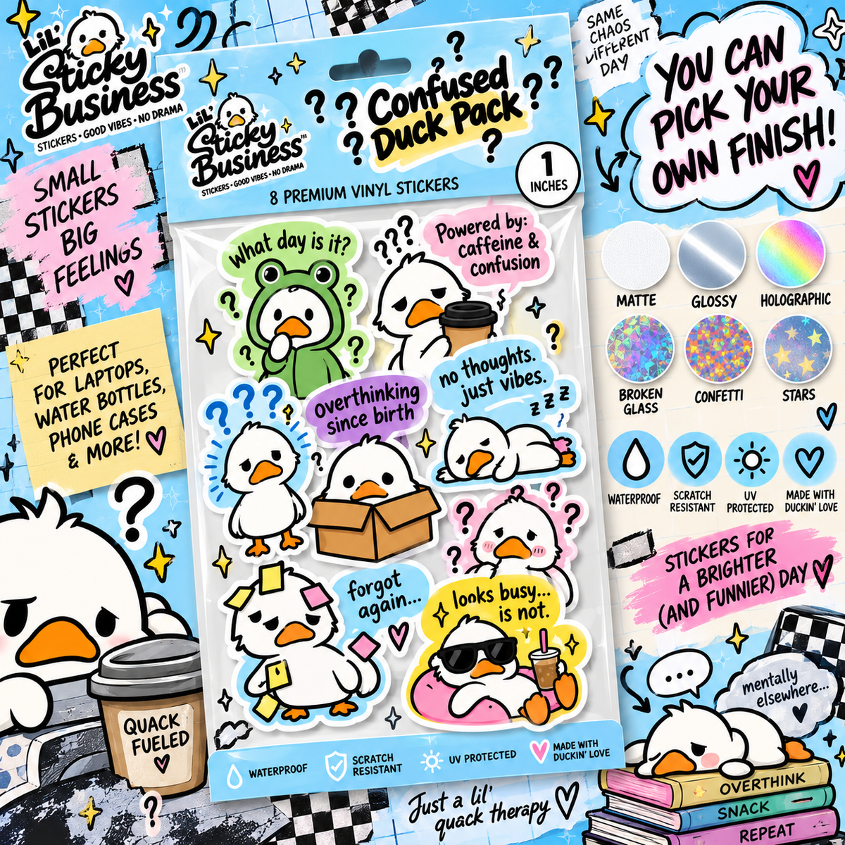Mini Confused Ducks Pack – 8 Cute Funny Duck Vinyl Stickers