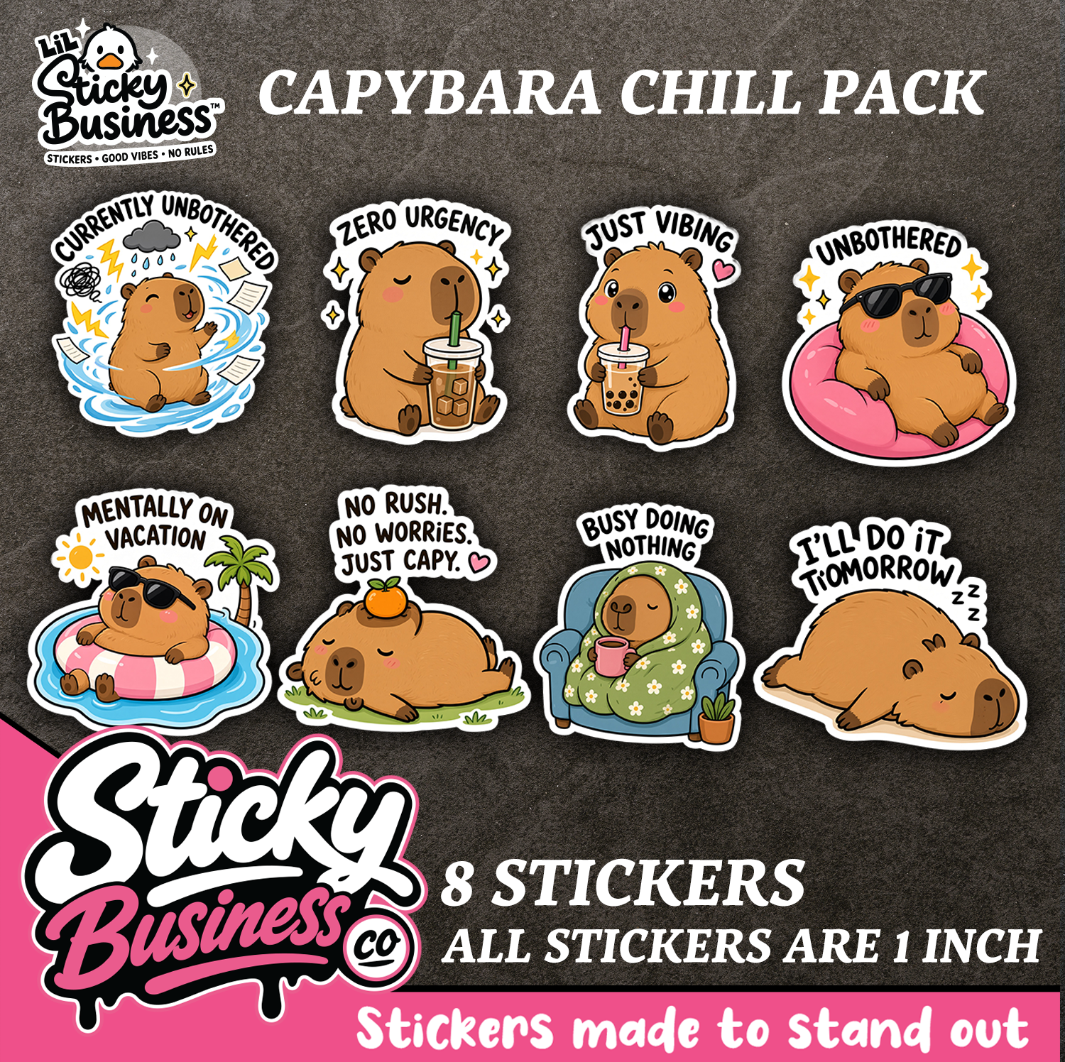Mini Capybara Chill Pack – 8 Cute Funny Vinyl Stickers