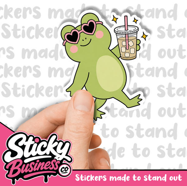 Cute Frog Sticker with Iced Coffee