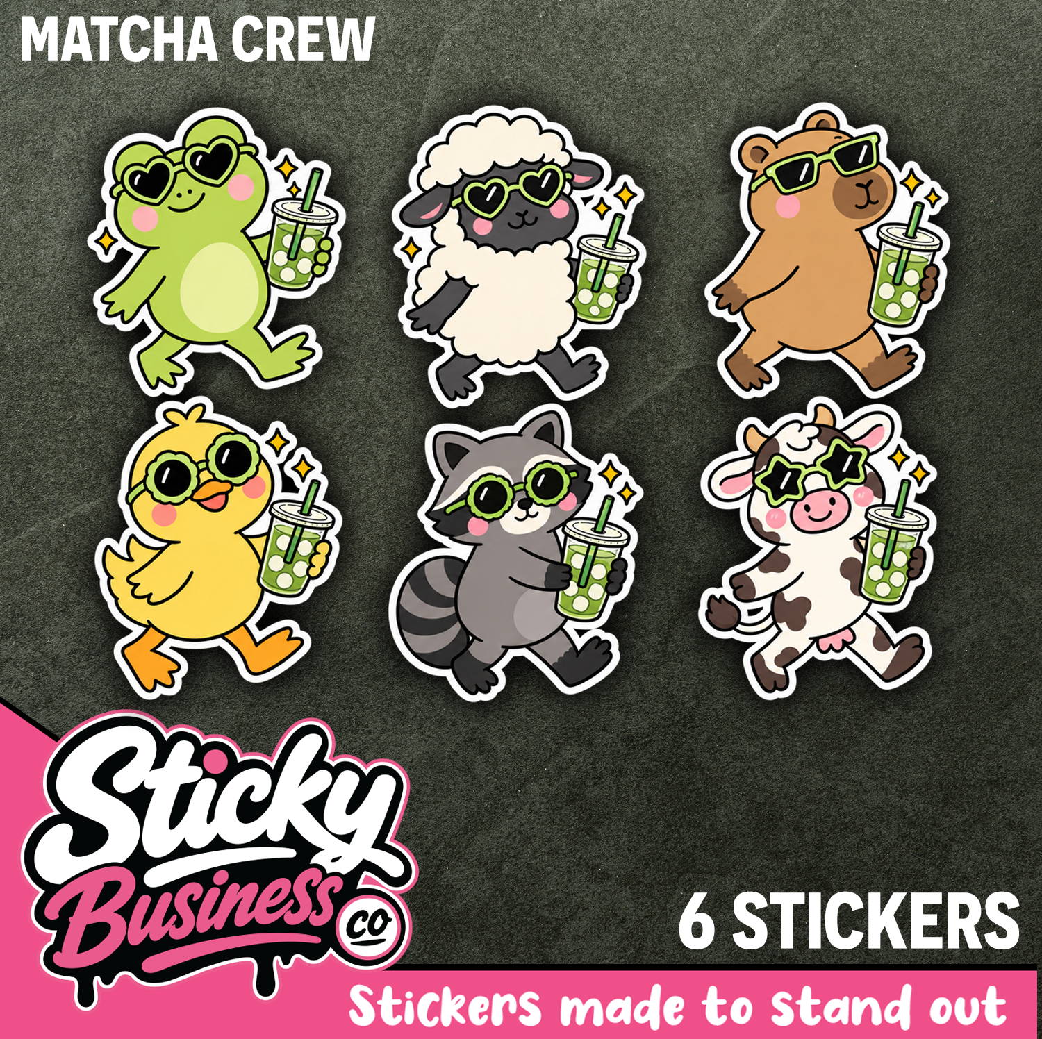 6 Cute Animal Matcha Stickers