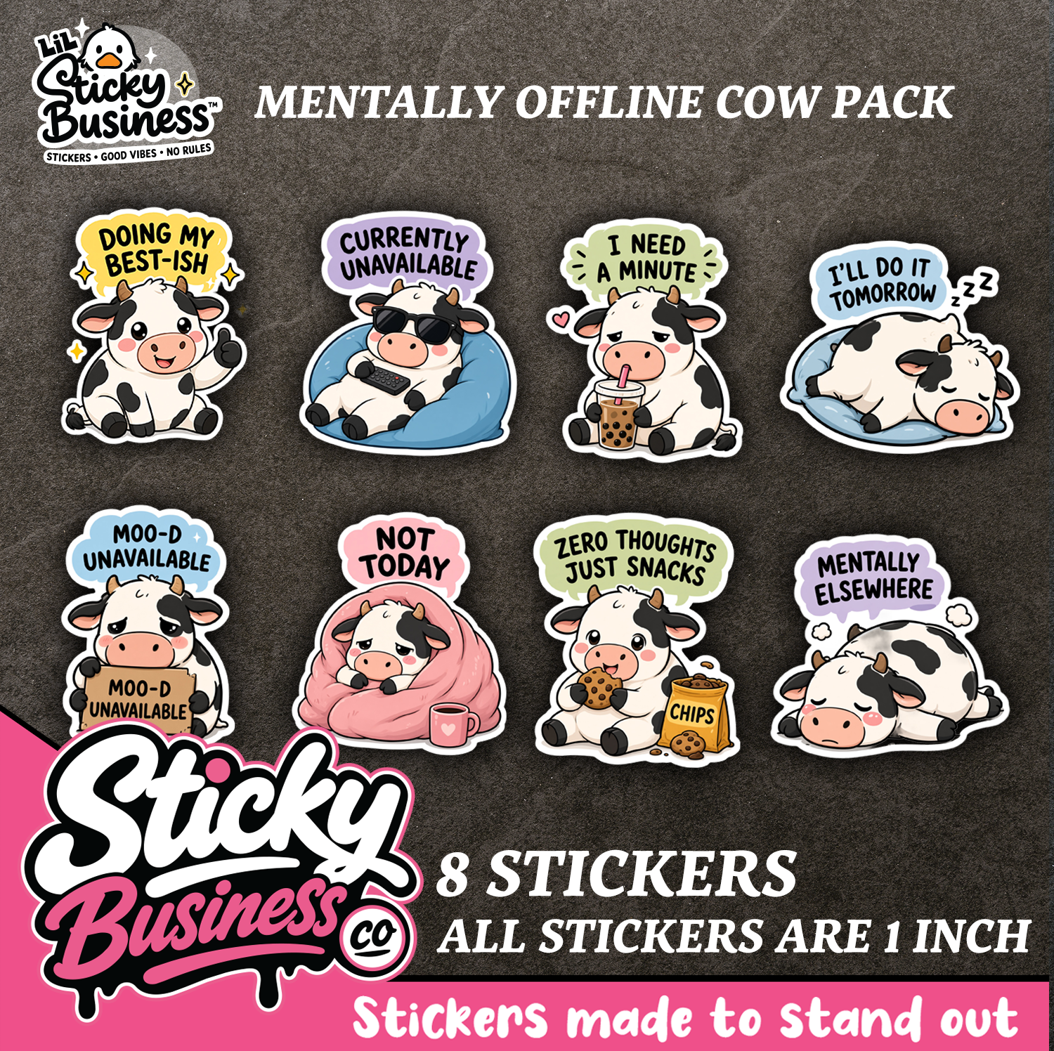 Mini Mentally Offline Cow Pack – 8 Cute Funny Cow Vinyl Stickers