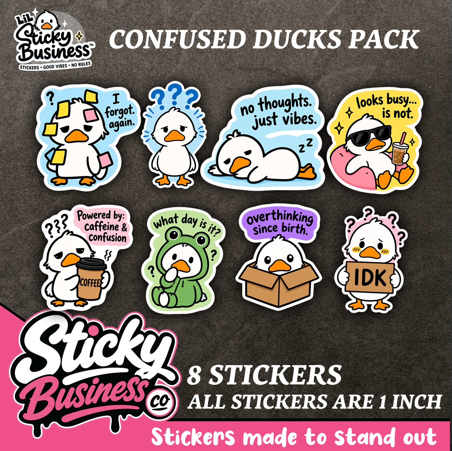 Mini Confused Ducks Pack – 8 Cute Funny Duck Vinyl Stickers