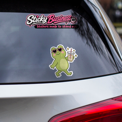 Cute Frog Sticker with Iced Coffee