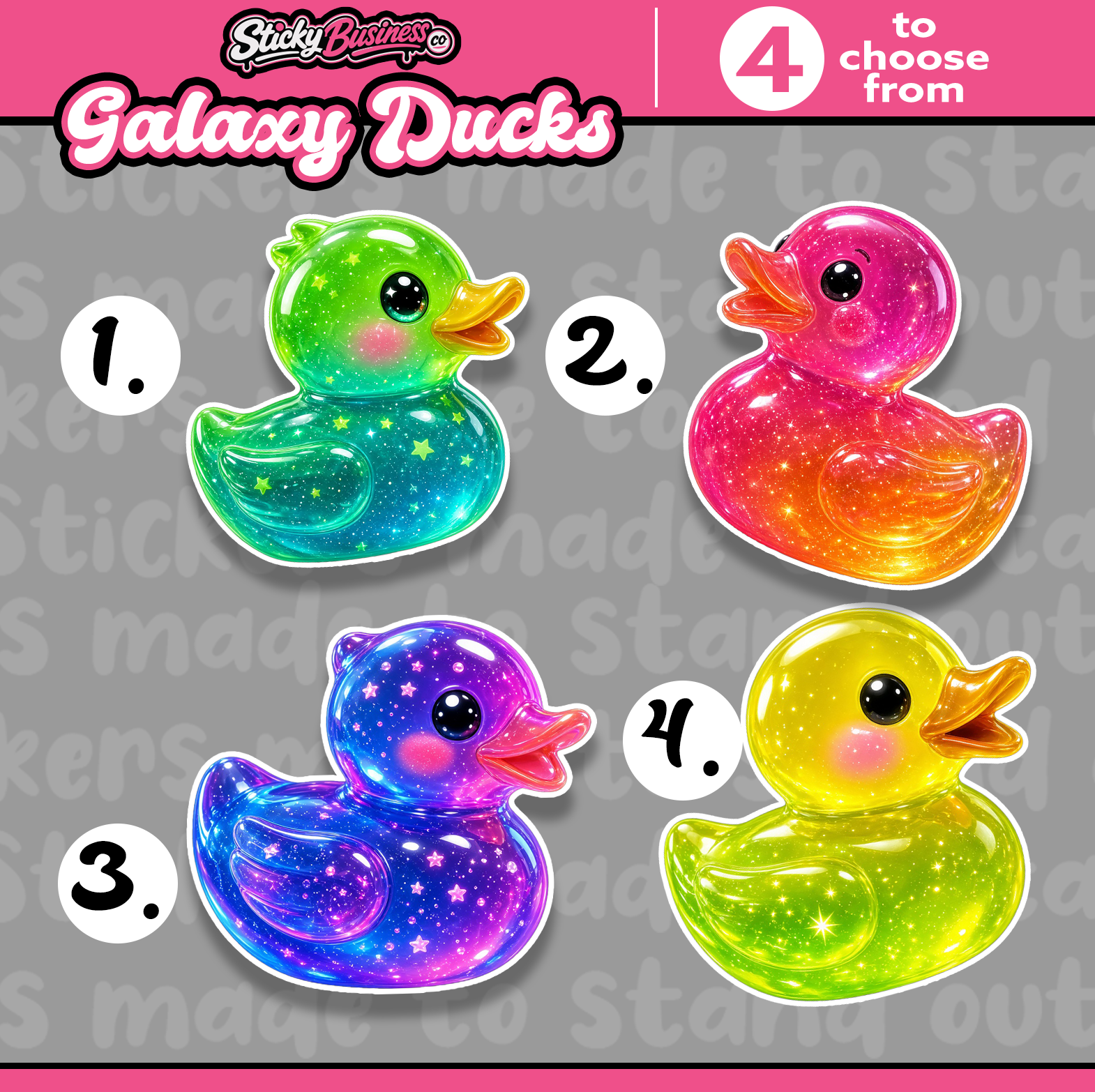Colorful Galaxy Duck sticker pack with four cute glitter rubber duck designs